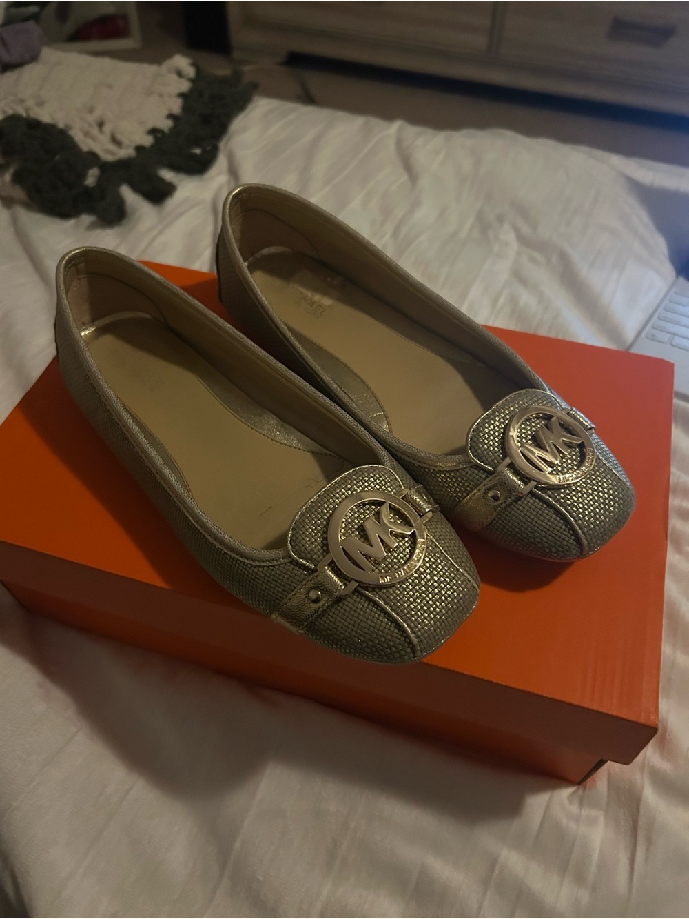 Michael Kors Metallic Champagne Ballet Flats with MK Emblem